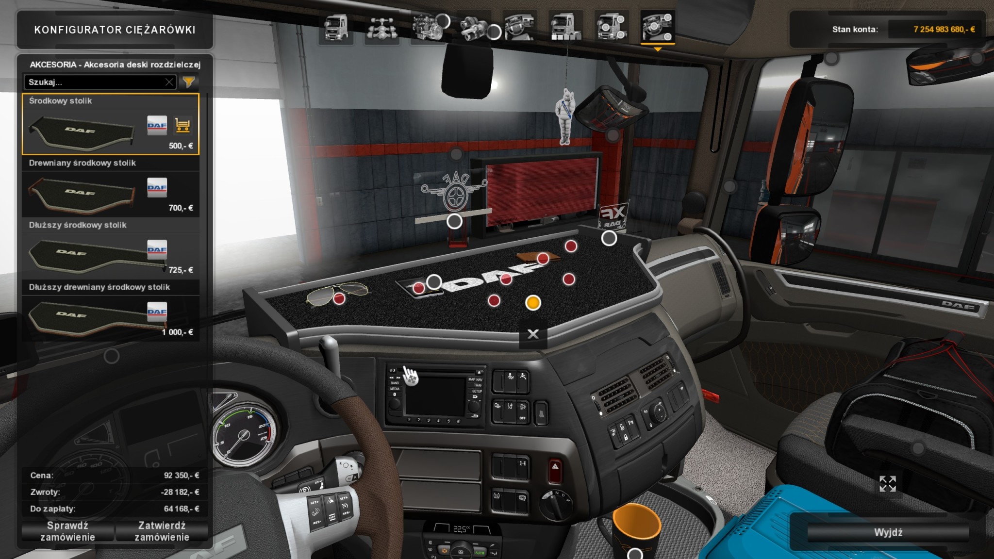 Euro Truck Simulator 2 DAF Tuning Pack wnętrze Euro 6